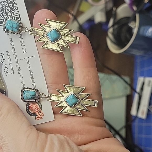 Turquoise Faux and Silver Tone Aztec Western 2" Earrings - Picture 1 of 1